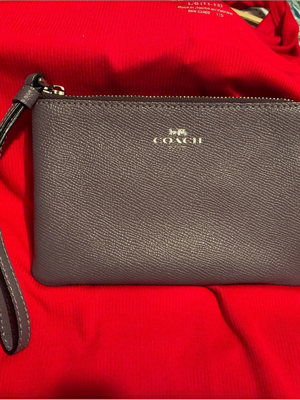 COACH Gray Pebbled Leather Wristlet with Logo